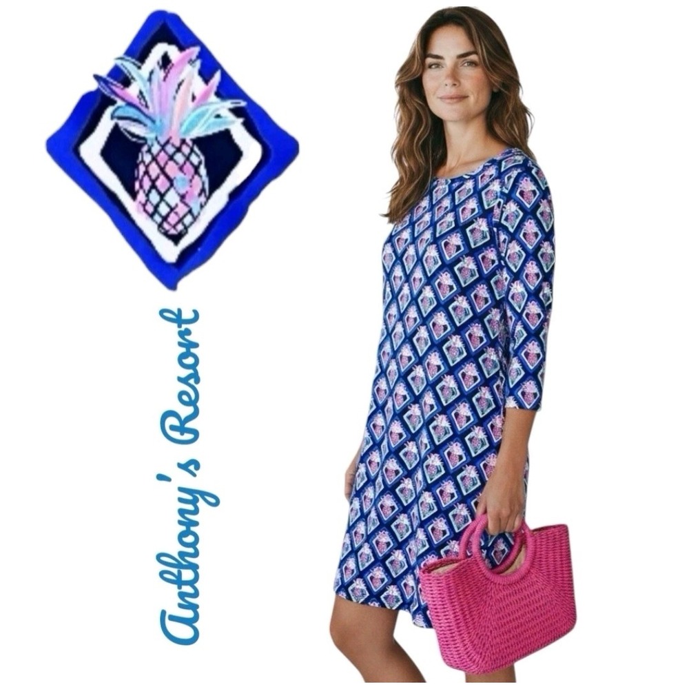 Anthony's Resort Wear Pineapple Print Shift Dress Navy Blue Pink 1X 3/4 Sleeve